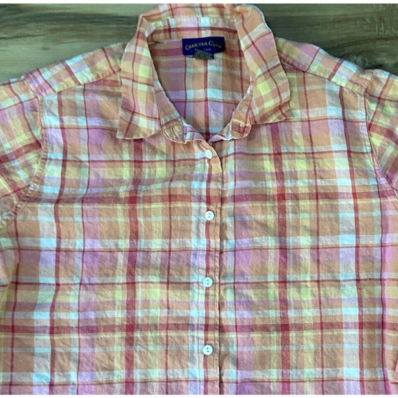Charter Club Shirt Womens 18W Linen Pink Plaid Button Up Long Sleeve Top - Picture 2 of 5